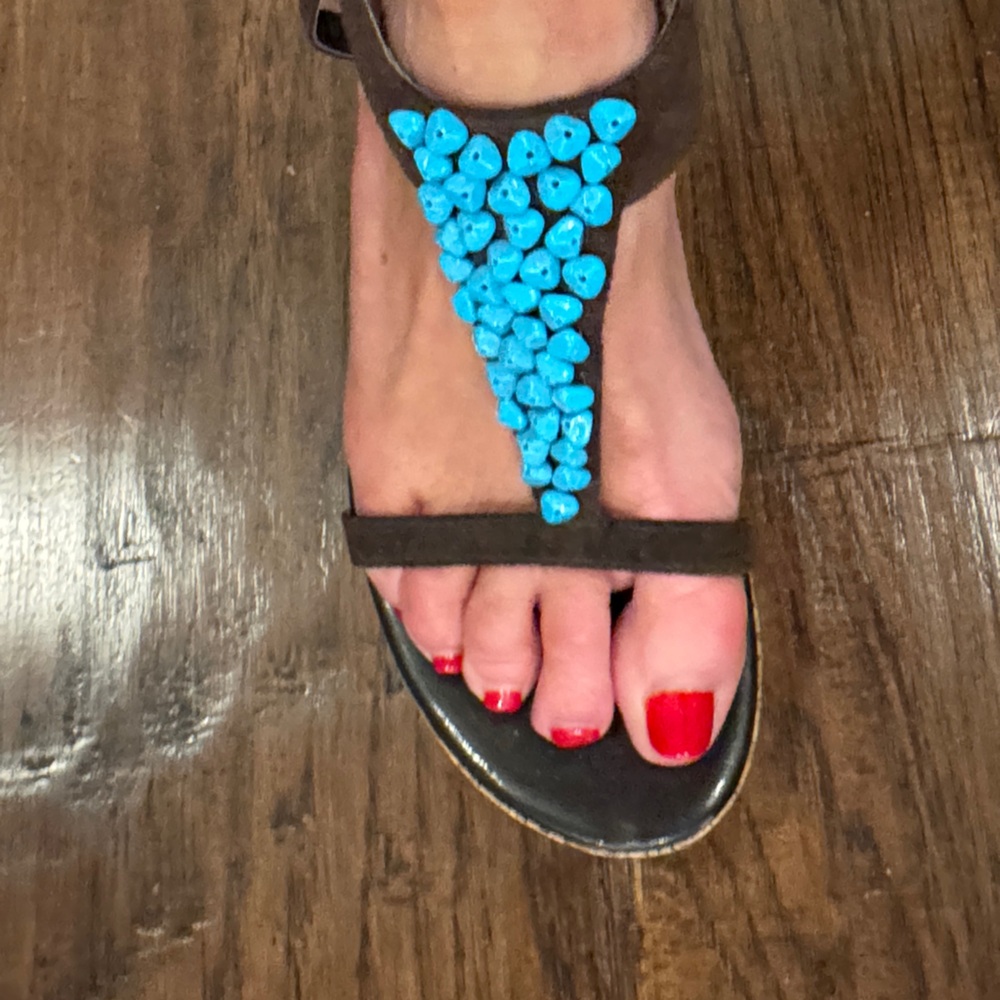 Brown Suede T-Strap Sandal with Turquoise Bead Accents